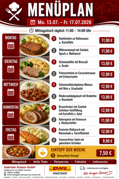 Mittagstisch Troisdorf, Speisekarte, Lieferservice, Essen auf Räder