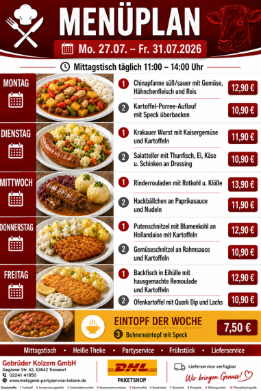Mittagstisch Troisdorf, Speisekarte, Lieferservice, Essen auf Räder