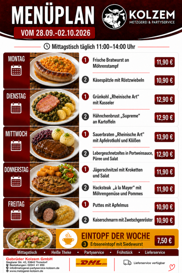 Mittagstisch Troisdorf, Speisekarte, Lieferservice, Essen auf Räder