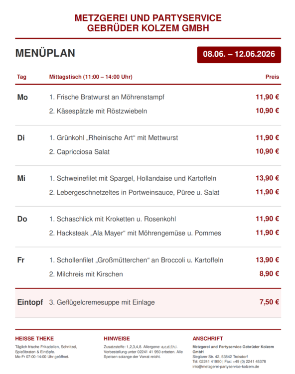 Mittagstisch Troisdorf, Speisekarte, Lieferservice, Essen auf Räder
