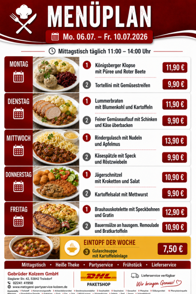 Mittagstisch Troisdorf, Speisekarte, Lieferservice, Essen auf Räder