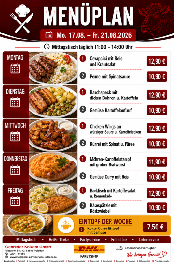 Mittagstisch Troisdorf, Speisekarte, Lieferservice, Essen auf Räder
