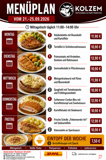 Mittagstisch Troisdorf, Speisekarte, Lieferservice, Essen auf Räder